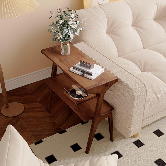 Solid Wood End Table, 2-Tier Side Table with Storage Shelf, Wooden Modern Accent Slim Bedside Table for Sofa, Living Room, Bedroom, Small Space, Easy Assembly, Rustic Brown
