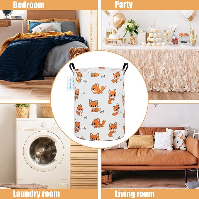LANGYASHAN Laundry Basket Canvas Fabric Collapsible Organizer Basket for Storage Bin Toy Bins Gift Baskets Bedroom Clothes Children Nursery Hamper (Round Fox)