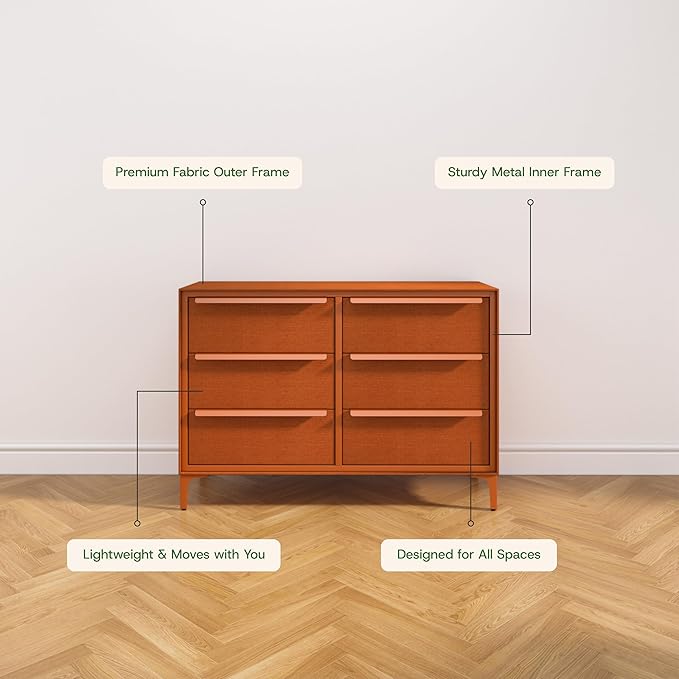 Naima Premium Fabric Dresser - Strong Metal Frame, 6 Spacious Sag-Proof Drawers with Sleek Metal Handles - Premium & Durable Storage Solution for Your Home (Orange)