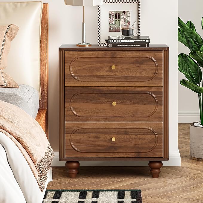 3 Drawer Fluted Dresser for Bedroom Set of 2, Mid Century Modern Chest of Drawers, Wood Storage Small Dresser Organizer for Bedroom Living Room Hallway Closet, Walnut