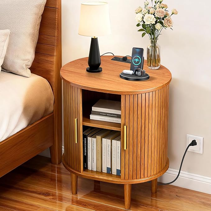 Nightstand with Charging Station, Fluted Accent Side Table with Sliding Door & Adjustable Shelf, Mid-Century Modern End Table for Small Space, Living Room, Bedroom (1, Yellow Walnut)