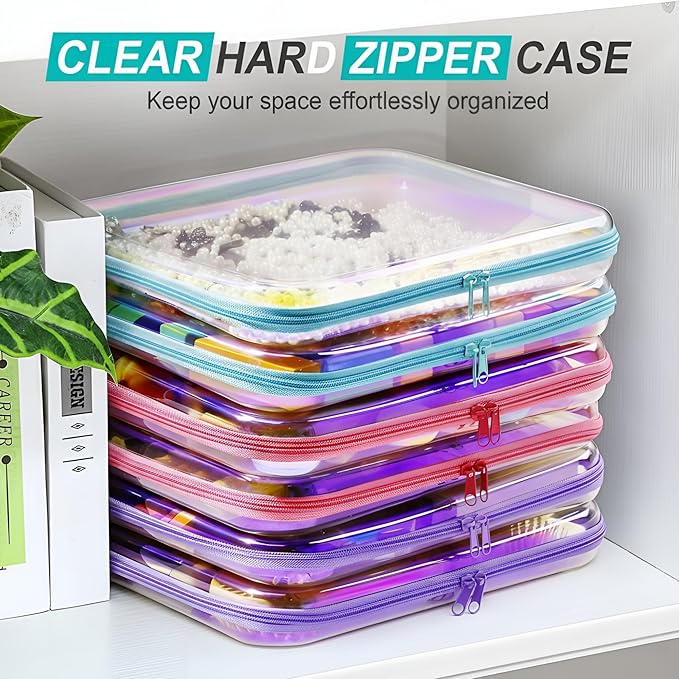 Sanwuta 6 Pcs Clear Hard Zipper Case Hard Plastic Zipper Pouches Transparent Makeup Bag Pencil Pouches for Travel Snacks Christmas Trinket Storage Organizer Box(Holographic,13.78 x 11.81 x 2 Inch)