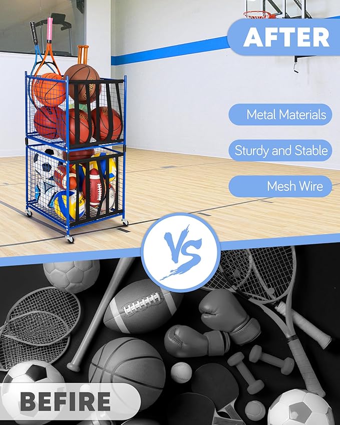 Mythinglogic Rolling Sports Ball Storage Cart, Sports Lockable Ball Storage Locker with Elastic Straps, Stackable Ball Cage for Garage Storage Garage Organizer
