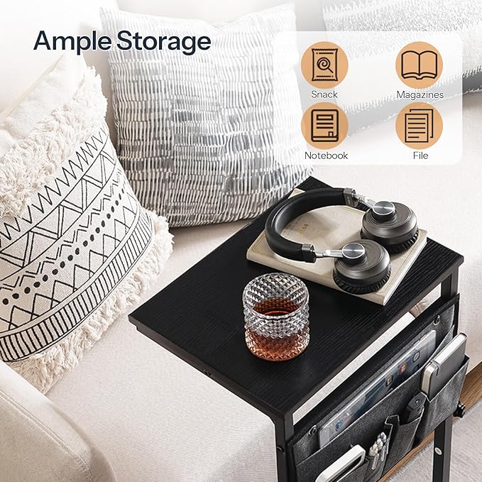 HOOBRO C Shaped End Table, 29.5’’ Adjustable Height Side Table with Storage Pockets, Couch Table Slide Under for Sofa, Small Space, for Living Room, Bedroom, Black BB77SF01