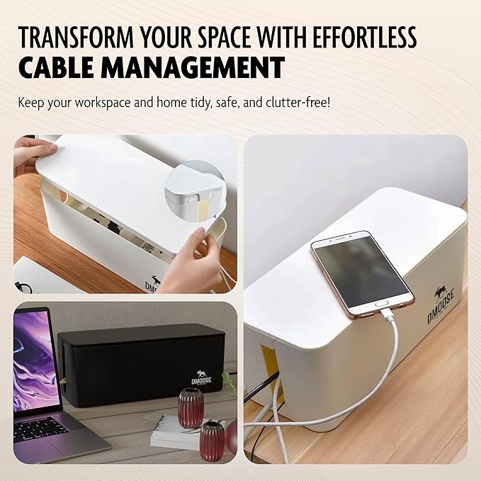 DMoose Cable Management Box - 2 Pack Medium & Large Cord Organizer for Desk & Floor, Cable Organizer Box for Child & Pet - Cable Box Hider for Tidy Office & Home (Wood Print Lid, White Box, Pack of 2)