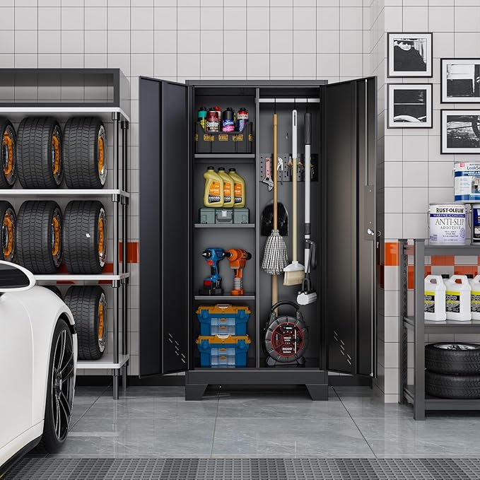 Garage Storage Cabinet, Broom Closet Storage Cabinet, Storage Shed, Metal Cabinets with Doors and Shelves, Tool Shed for Brooms and Mops, Utility Cabinets for Storage,Small Cabinet