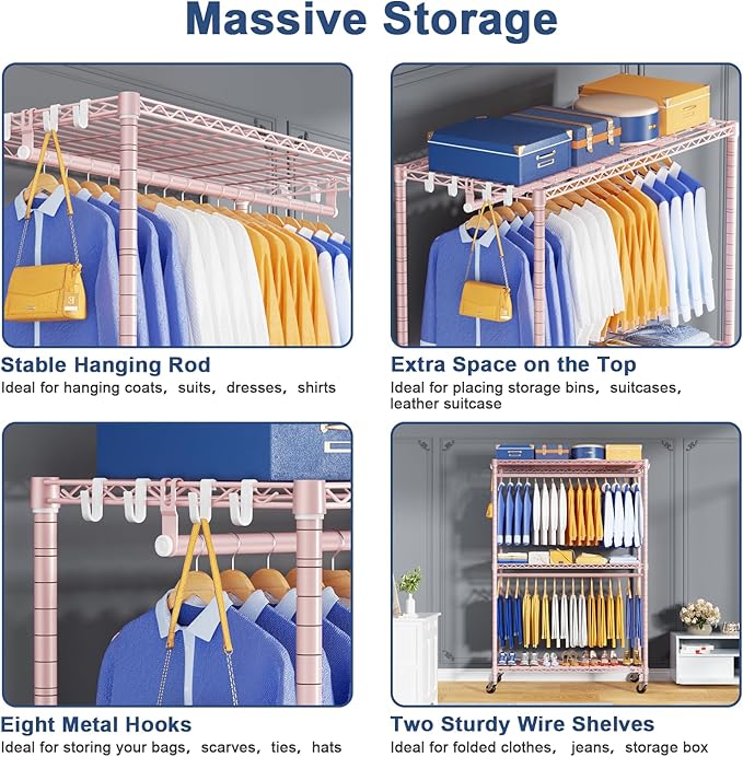 P8 Heavy Duty Clothes Rack（With Extended Width Design） Rolling Clothing Racks for Hanging Clothes，Portable Garment Rack with Lockable Wheels，51.2" W x 15.8" D x 80.5" H，Max Load 700LBS，Pink