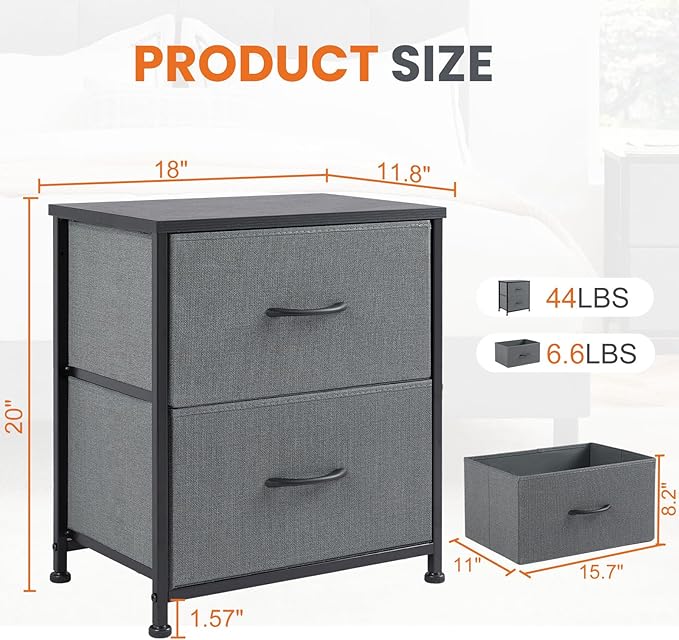 DUMOS Nightstand End Table with Dual Fabric Drawers Compact Bedside Storage for Bedroom Kids Room Closet Entryway College Dorm 20 Inch Tall Dresser,Grey