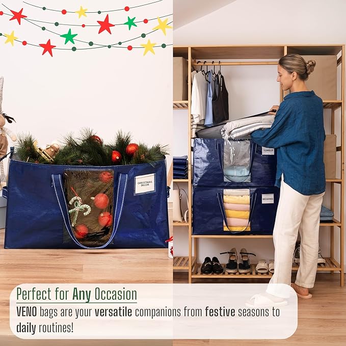 VENO 8 Pack Moving Bags, Comforter and Blanket Storage Bags for Closet, Moving Boxes, Boxes with Lids Alternative, College Dorm Packing Supplies, Foldable Heavy-Duty Tote with Window (Blue, 8 Pack)