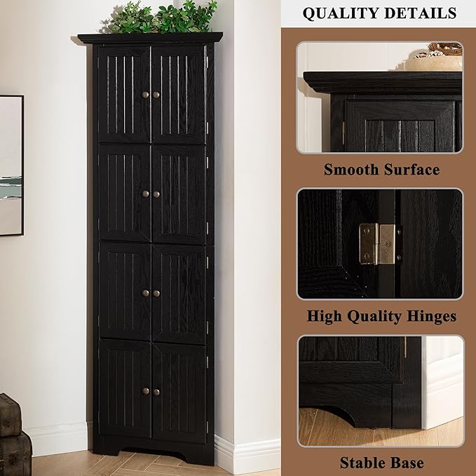 72" H Farmhouse Corner Storage Cabinet with 8 Doors & 4 Shelves, 4 Tier Kitchen Corner Pantry Cabinet Wooden Organizer Case Bookshelf, Home Space Saver Cabinet for Kitchen,Living Room(Black)