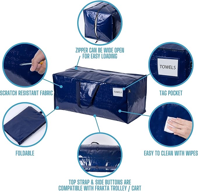 VENO 10 Pack Moving Bags w/Backpack Straps, Heavy Duty, Moving Boxes Alternative, Packing Supplies, Large Storage Totes for Dorm Room Essentials with Zipper for Clothes (Blue, 10 Pack)