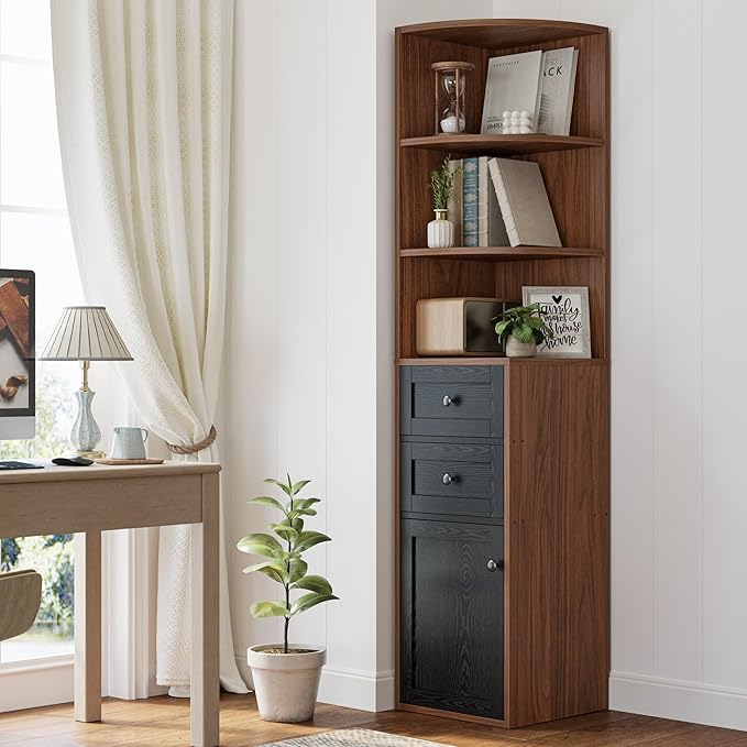 IRONCK Corner Bookshelf and Bookcase, 71" H Wooden Book Shelves 3 Tier with Drawers and Storage Cabinet for Living Room, Office, Bedroom, Brown and Black