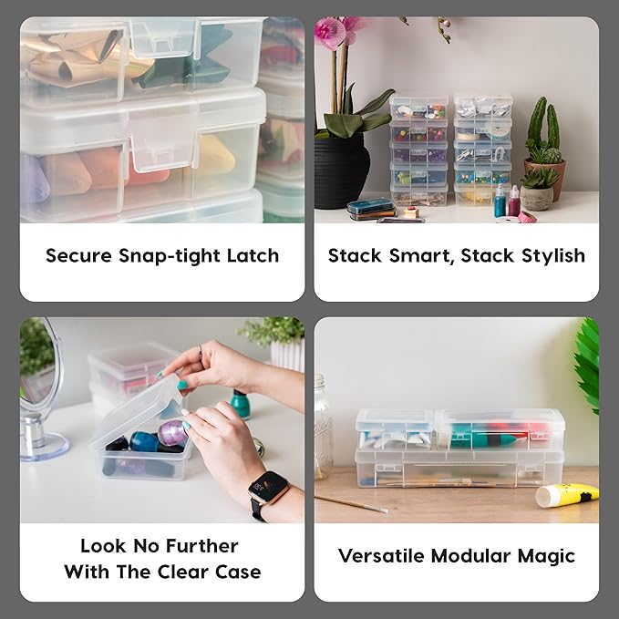 IRIS USA Pencil Case Box Storage Container for Organizing with Snap Lid, 10-Pack, Big Capacity Stackable Plastic Pen Pouch for Craft Hobby Art Supplies Journaling Stationery Sticker, Clear, Small