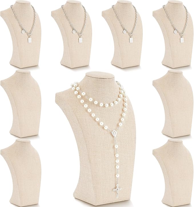 Kigley 9 Pcs Linen Necklace Display Bust Jewelry Holder Necklace Retail Mannequin Display Stand for Jewelry Selling Vendors Shows (11.4 x 6.9 Inch)