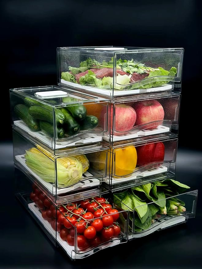 Refrigerator Organizers and Storage Drawer, Stackable Fruit Storage Containers for Fridge, Reusable Fridge Organizer fit for Kitchen Refrigerator and Restaurant Freezer (2 Drawers, Medium)