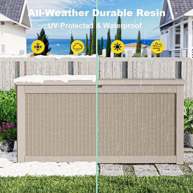 320 Gallon Outdoor Deck Box,Storage Lockable Waterproof Patio Furniture,Garden Tools,Cushions,Pool Accessories Outside Storage Resin Box(Grey)