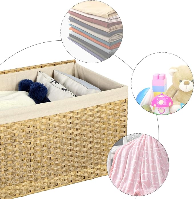 SONGMICS Storage Basket with Lid, Woven Blanket Storage Bin with Handles, Foldable, Removable Liner, Metal Frame, for Bedroom, Laundry Room, 42.3 Gallons (160 L), Natural URST76NL
