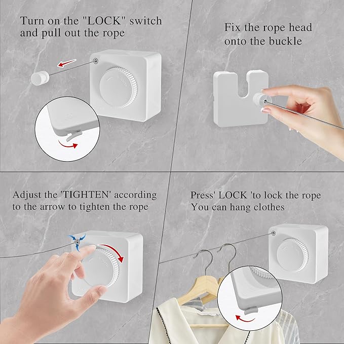 JOOM Retractable Clothesline Heavy Duty Clothes Drying Laundry Line Wall Mounted Easy Hanging Clothes Drying Laundry Line Retracting Hanging Lock to Prevent Sagging (Square,White)