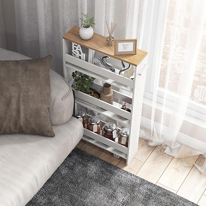 MAT EXPERT Slim Rolling Storage Cart, 4-Tier Freestanding Slim Storage Cart with Wheels 360 Degree & Metal Handle, Wooden Utility Cart for Narrow Kitchen, Laundry Room, Bathroom (White + Natural)