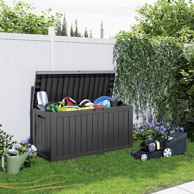 86 Gallon Outdoor Deck Box,Storage Lockable Waterproof Patio Furniture,Garden Tools,Cushions,Pool Accessories Outside Storage Resin Box(Black)