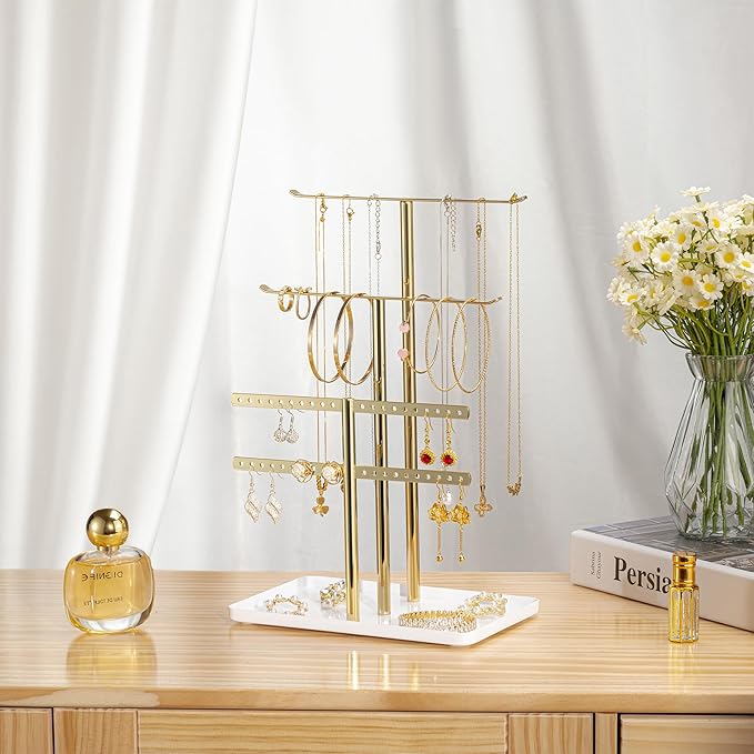 pickpiff Jewelry Stand Organizer Necklace Holder- 12.5" Sturdy Earring and Bracelet Hanger, Mirrored Gold, Aesthetic Room Decor