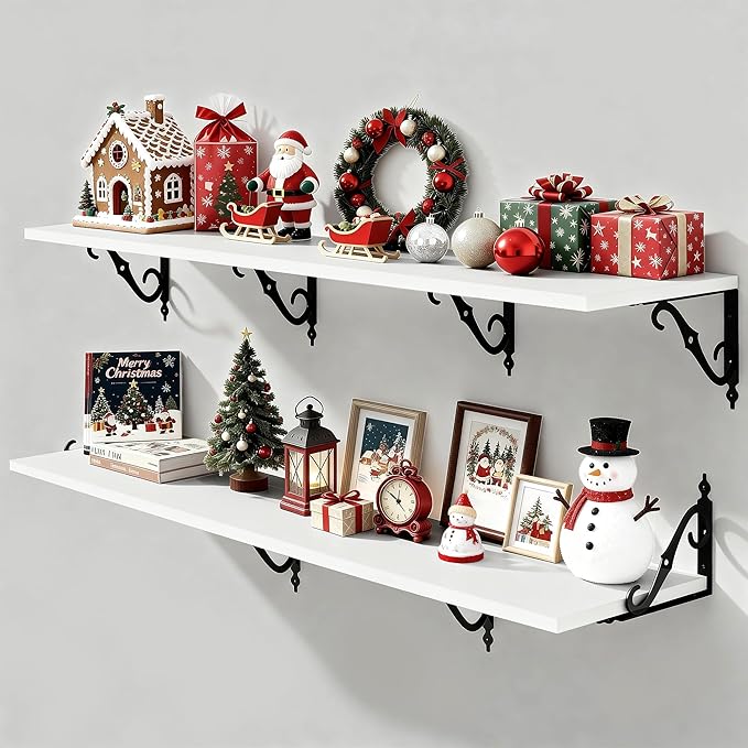 Fun Memories 55 Inch Floating Shelves, Long Floating Shelves Wall-Mounted, 12 Inch Deep Bookshelf with Bracket, 55" W x 12" D Shelves for Wall Display & Storage, White, Set of 2