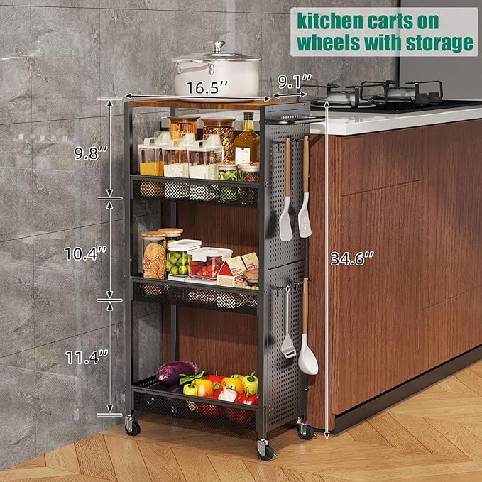 4-Tier Slim Storage Cart with Wheels,Small Mobile Organizer Shelf with Wooden Top & Metal Handle for Kitchen, Laundry Room, Bathroom, Office (Black, 9.1 inch)