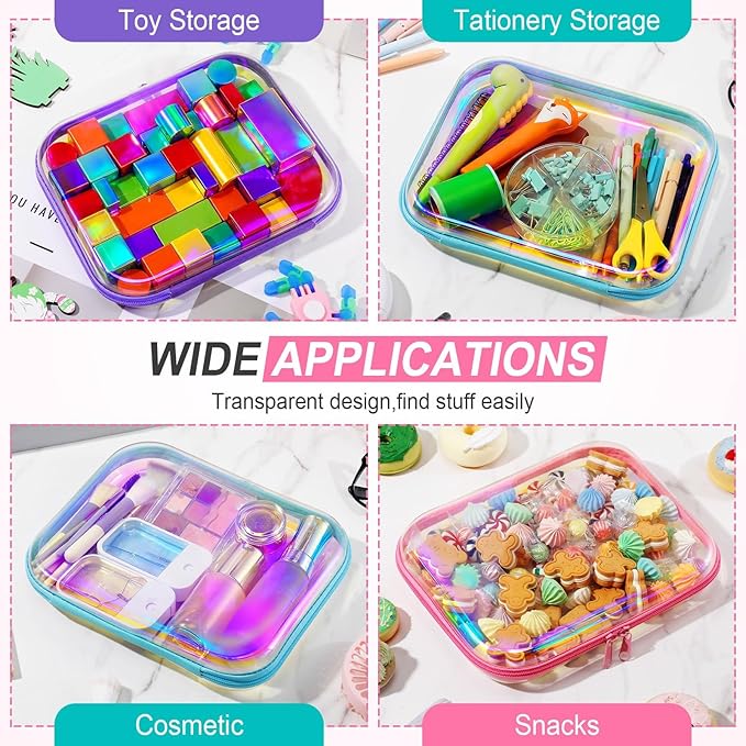 Sanwuta 6 Pcs Clear Hard Zipper Case Hard Plastic Zipper Pouches Transparent Makeup Bag Pencil Pouches for Travel Snacks Christmas Trinket Storage Organizer Box(Holographic,9.84 x 7.87 x 2 Inch)