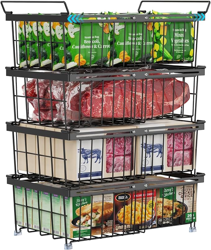 iSPECLE Freezer Organizer Bins - Fit 10 to 20 Cu.FT Deep Freezer, 4 Pack Large Expandable Stackable Chest Freezer Organizer Bins Sort Frozen Food and Easily Get without Digging in the Freezer, Black