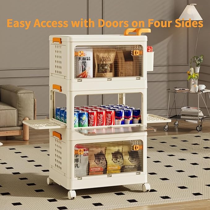58 QT Stackable Storage Bins with Lids, Rolling Storage Cart with Clear Doors, Utility Storage Organizer Cart Drawer, Plastic Cabinet Storage Containers for Home, Office, Kitchen, Bedroom, White