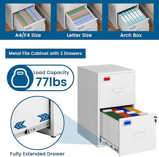 2 Drawer File Cabinet with Lock, 25.4" High Vertical Filing Cabinet, 17.7" Deep Metal Storage Cabinets for Home Office, Letter/Legal/A4/F4 Size, White(Assemble Required)