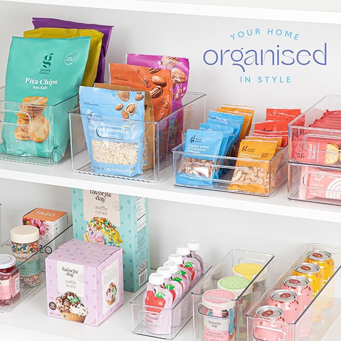 primebox Plastic Food Storage 8 Pack Clear Container Bin with Handles for Organizing Kitchen, Pantry, Fridge, Freezer, Pantry,Bathroom. Stackable 10"x4"3"