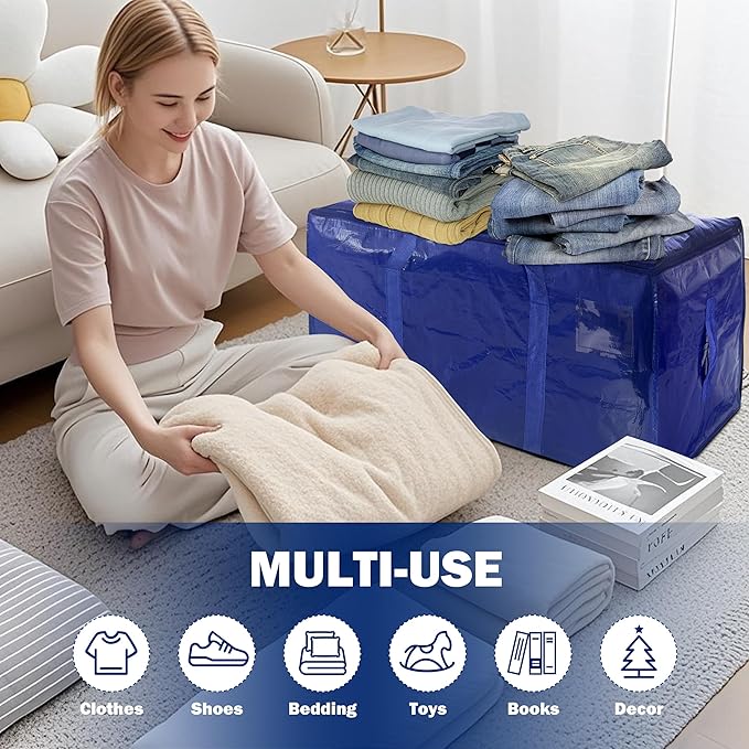 4 Pack Extra Heavy Duty Large Moving Bags with Strong Zipper & Carrying Handles, Sturdy Clothes Storage Bag Totes Bins, Packing Bags Moving Boxes College Moving Supplies, Dark Blue - 40 gal
