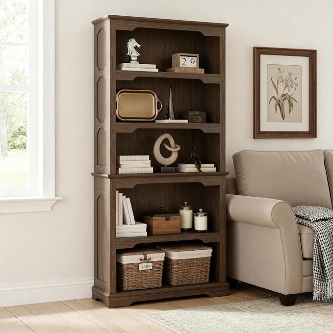 70 Inch Farmhouse Bookcase, Walnut Two-Tone Shelves, 5 Tier Bookshelf with Arched Trim, Living Room Storage Cabinet Unit, 31.5x11.8 Inches (Walnut, Open Shelf)