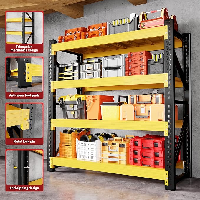 4000LBS Garage Shelving 48" W Garage Shelving Heavy Duty 4-Tier Metal Storage Shelves Adjustable Shelf Unit Storage Rack for Basement Supermarket Warehouse 48" W x 24" D x 78" H Yellow