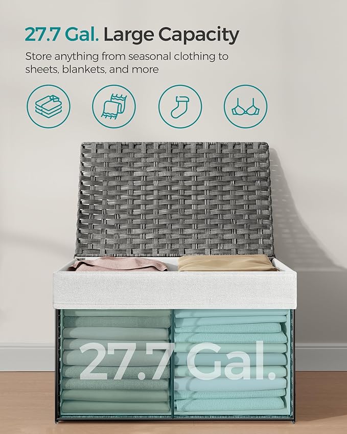 SONGMICS Storage Basket with Lid, Woven Blanket Storage Bin with Handles, Foldable, Removable Liner, Metal Frame, for Bedroom, Laundry Room, 27.7 Gallons (105 L), Gray URST066G01