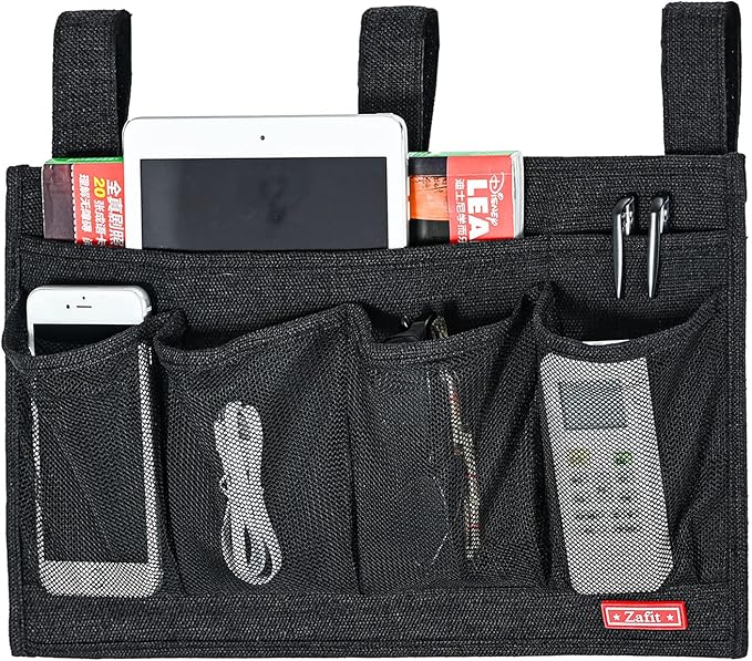 Linen Bedside Caddy, Bedside Storage Organizer for Hospital Beds, College Dorm Rooms or Baby Bed (6 Pockets-Black)