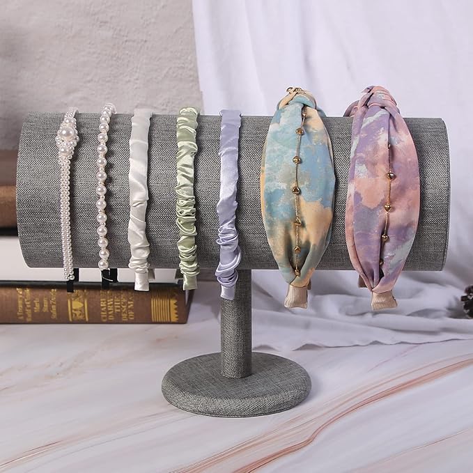 T-Bar Headband Holder Organizer for Show, Soft Velvet Hairband Stand Display, Hair Hoop Accessories Jewelry Storage for Home Bedroom (Gray Linen)
