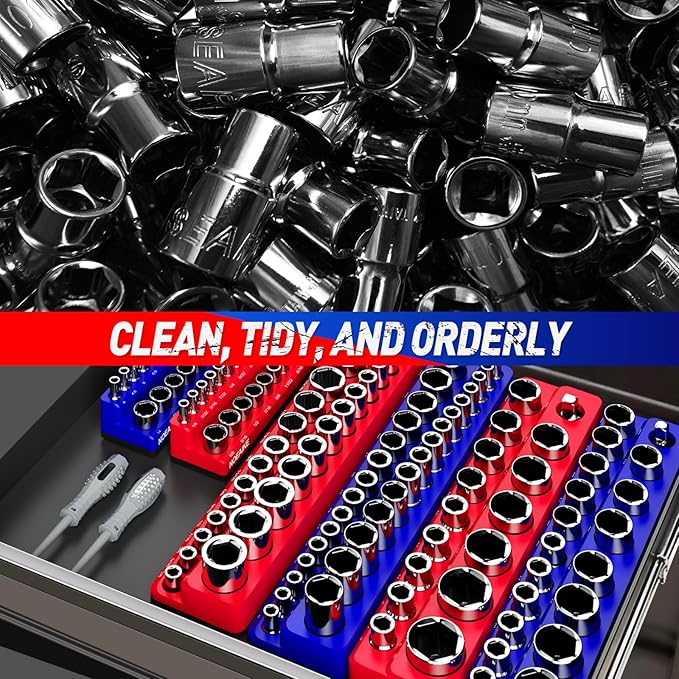 1/4 Inch Magnetic Socket Organizer,2-Pack Metric &SAE Sockets Holder Set 1/4" Drive Socket Trays,Holds 52 Pcs Standard and Deep Size Sockets(Socket not Included)