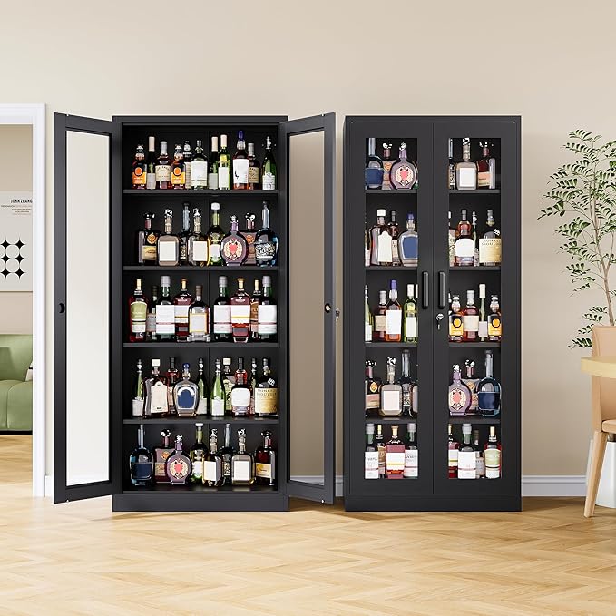 Metal Storage Cabinet with Lock and Glass Doors,Glass Display Cabinet,Black Storage Cabinets,Locking Curio Cabinets with 5 Shelves for Collectibles,Home,Office,Living Room