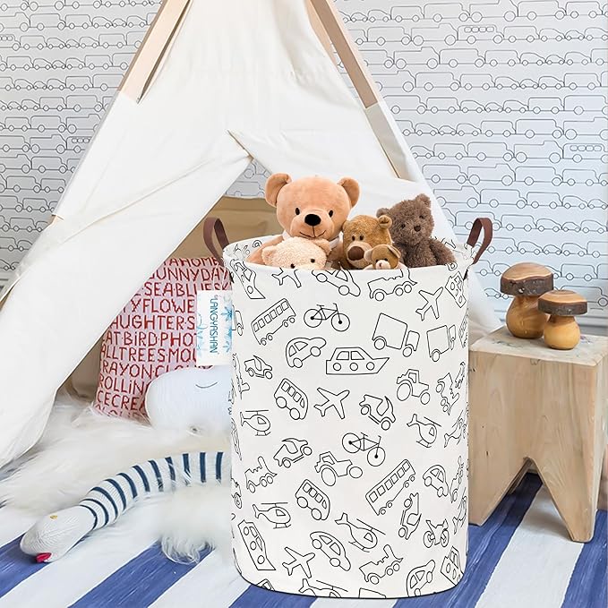 LANGYASHAN Laundry Basket Canvas Fabric Collapsible Organizer Basket for Storage Bin Toy Bins Gift Baskets Bedroom Clothes Children Nursery Hamper (Vehicle)