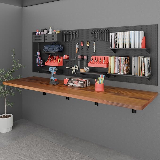 IAE Floating Wall Mounted Folding Table Desk with Pine Wood,72" x 22" Foldable Workbench,Fold Down Wall Mounted Foldable Desk with Shelf Brackets,Laundry Folding Table for Home,Dining,Kitchen,Teak