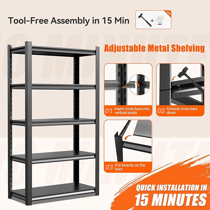 48" W Garage Shelving 2500LBS Heavy Duty Storage Shelves 5 Tier Adjustable Shelving Unit Metal Storage Rack for Garage Basement Warehouse Supermarket 23.6" D x 47.2" W x 72" H