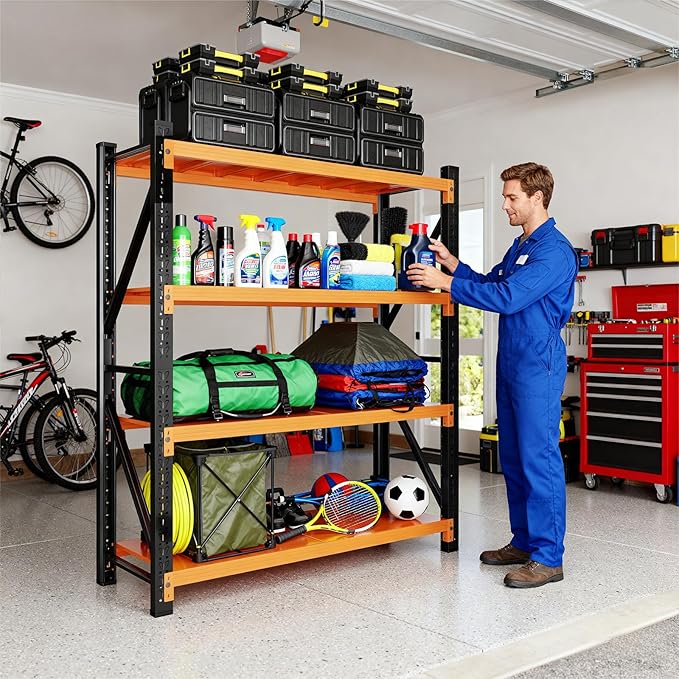 79" H Garage Shelving,3500LBS Heavy Duty Storage Rack,4 Tiers Metal Storage Rack Shelf, Adjustable Shelving Unit for Garage,Kitchen,Warehouse,Basement,78.7" H x 47.2" W x 19.6" D,Black&Orange