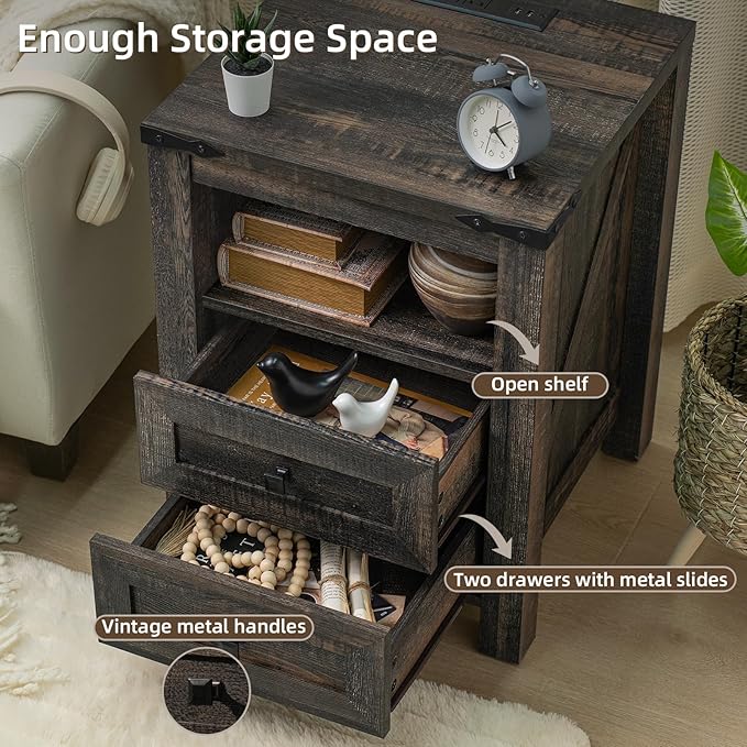 Nightstands Set of 2 with Charging Station, Farmhouse Night Stand with 2 Drawers and Shelf Storage, Wooden Side End Table, Bedside Cabinet for Bedroom, Living Room, Closet,Office (Dark Drey)