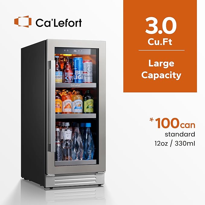 Ca'Lefort 15 Inch Beverage Refrigerator - 100 Can Small Beverage Fridge, Drink Fridge Glass Door 3 LED 34°F -54°F Beverage Cooler Built-in or Freestanding, Perfect for Home/Kitchen(3.0 cu.ft)