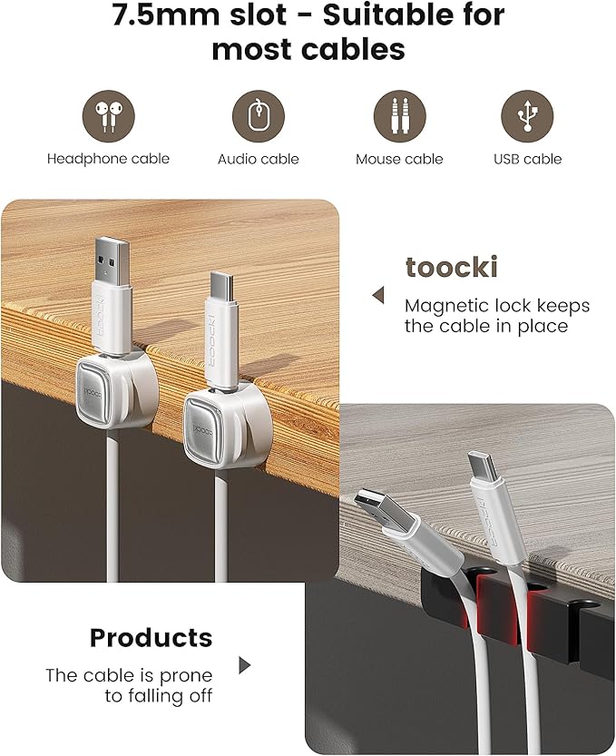 6 Pack Magnetic Cable Clips – Cord Organizer & Holder, Toocki Adhesive Cable Management, Wire Holder for USB Charging Cables, Ideal for Home, Office, Car, Desk, and Nightstand-White