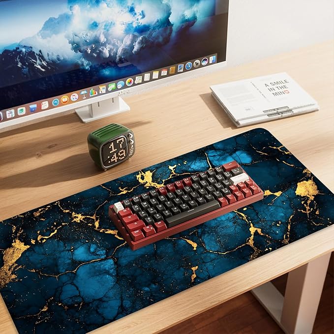 Blue Marble Gold Vein Mouse Pad – Large Extended Desk Mat 35.43 x 15.75 in – Elegant Navy Ink Texture with Metallic Cracks, Keyboard & Mouse Pad for Office & Gaming