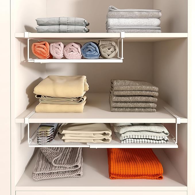 Expandable Under Cabinet Shelf, Extendable Under Shelf Storage with 0.94 Inches Thick Clips for Pantry Cabinet, Laundry Room, Shoe Rack. (White, 2 Pack, Interior: 3.66" H x 8.26" D)
