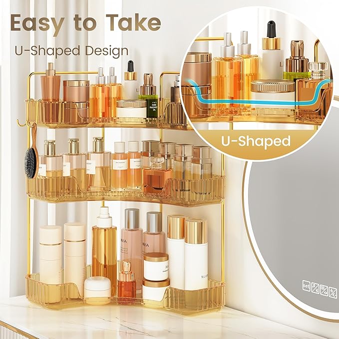Golden 2-Tier Corner Bathroom Organizer, Countertop Storage Shelf with Hooks | Makeup & Skincare Organizer for Bathroom Sink and Vanity Counter